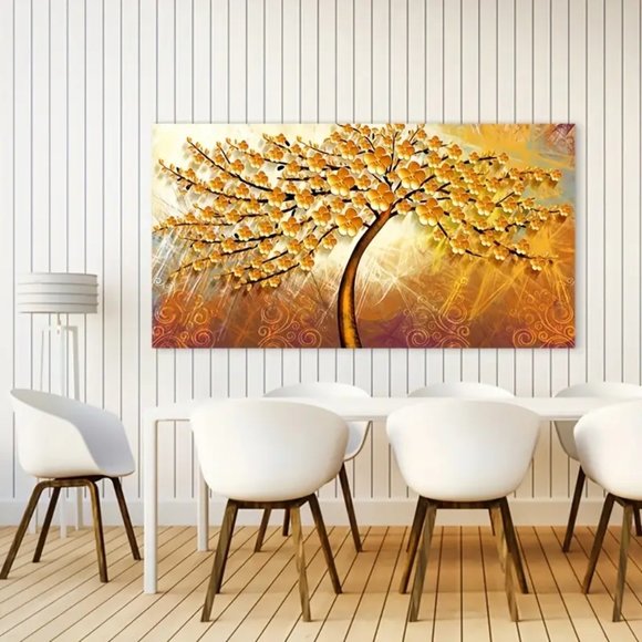 Golden Leaf Lucky Fortune Tree Canvas Painting NEW - Picture 3 of 4